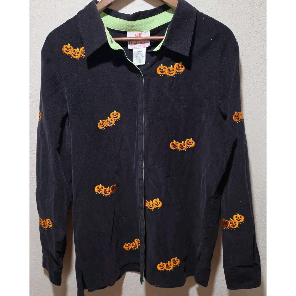 VTG Quacker Factory Black Pumpkin Fall Halloween Button Up Shirt Sz Large